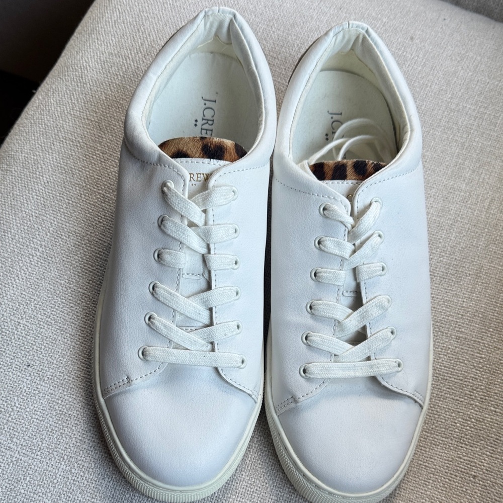 J. Crew White Sneakers with Leopard Accent